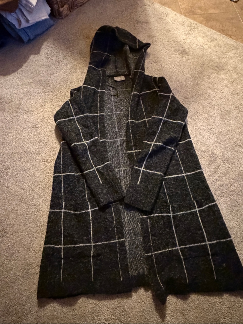 Cyrus Long Hooded Open Cardigan with Windowpane Check - Black & Gray size small